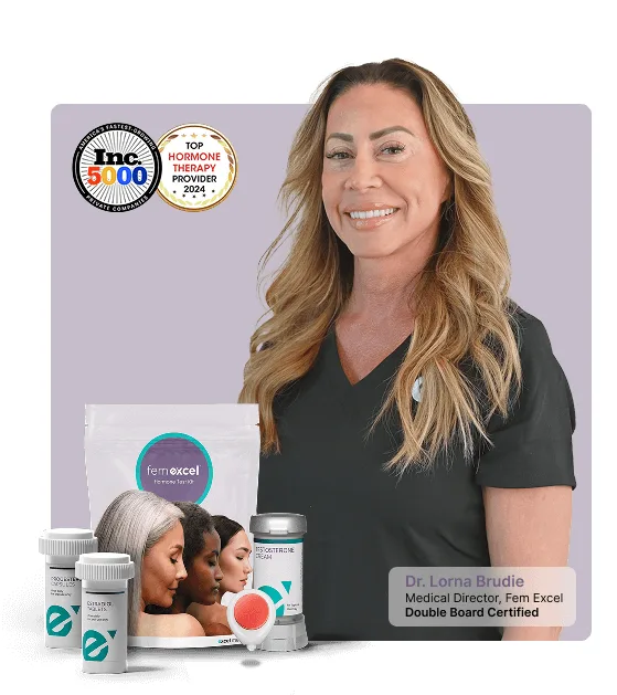Dr. Lorna Brudie, double board certified Medical Director of Fem Excel, with Fem Excel hormone test kit and medications