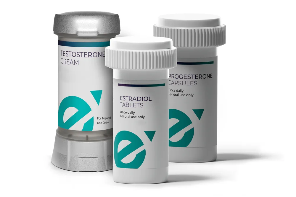 Fem Excel hormone therapy medications including testosterone cream, estradiol tablets, and progesterone capsules
